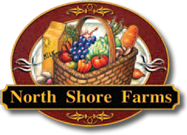 North Shore Farms logo showing a cornucopia of produce and groceries in a basket circumscribed by a crimson band with a black plaque across the bottom with gold text reading North Shore Farms