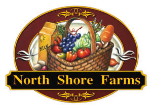 North Shore Farms logo showing a cornucopia of produce and groceries in a basket circumscribed by a crimson band with a black plaque across the bottom with gold text reading North Shore Farms